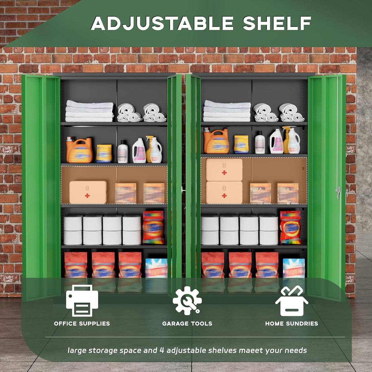 greenvelly metal garage storage cabinet, 72" black green, side view