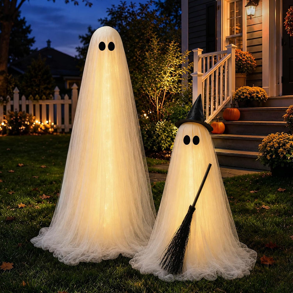 Halloween Decorations Outdoor, 2 Packs Light-Up Spooky Ghost Witch Broom