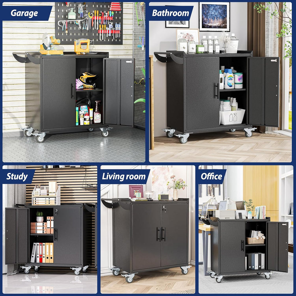 paofin metal lockable garage cabinet with 2 adjustable on a desk or shelf