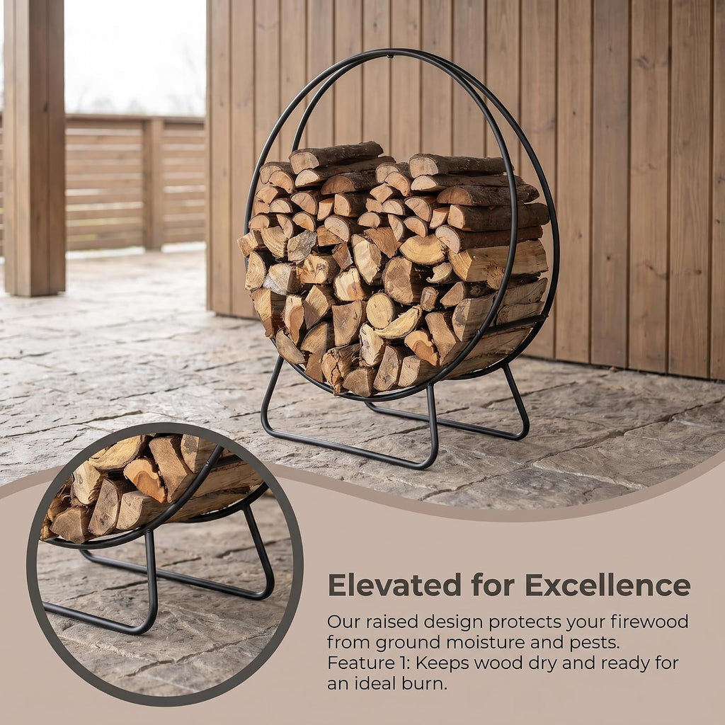 firewood rack outdoor, 24 inch round firewood storage, side view
