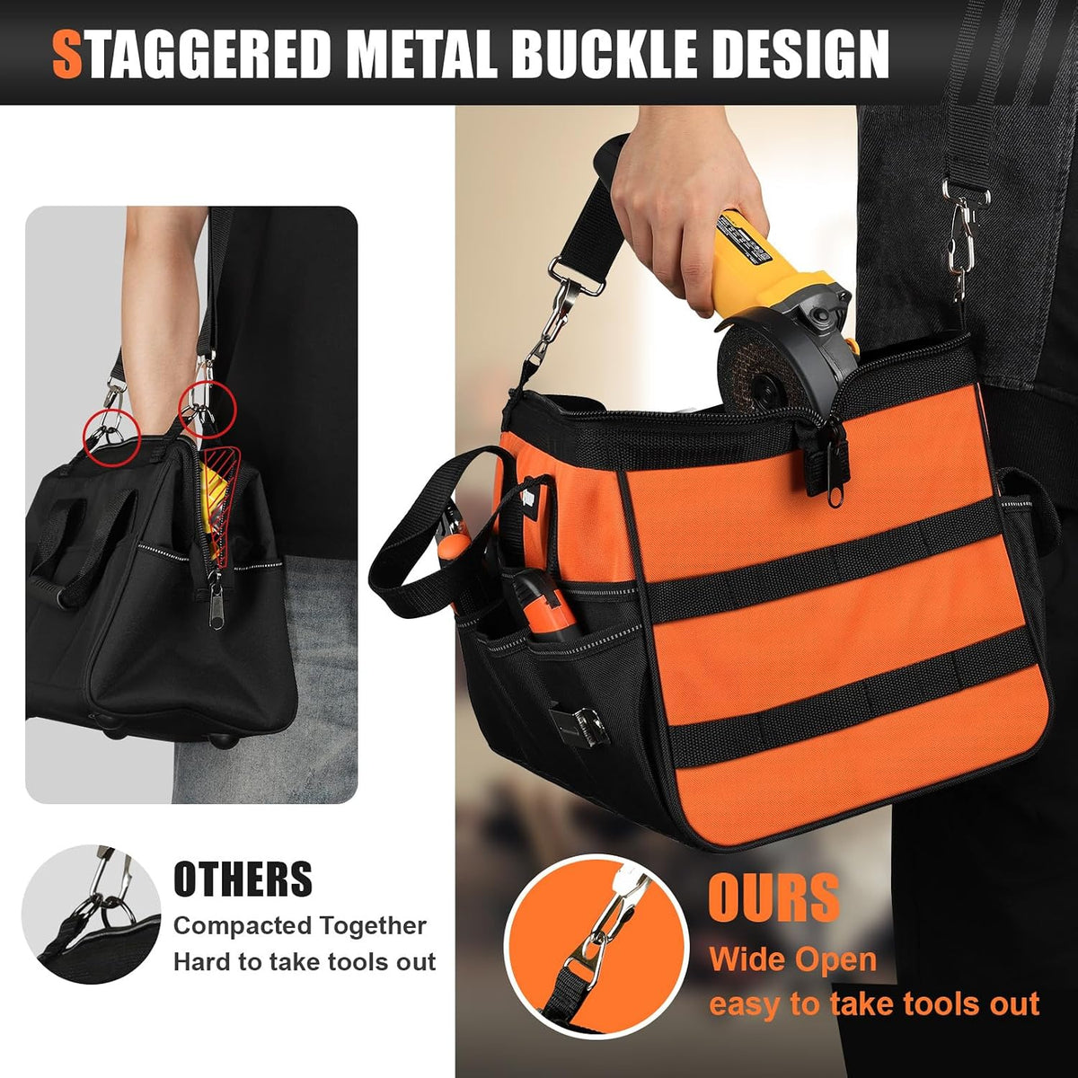UUP Tool Bag ExtraLarge 20", Heavy Duty Spacious Tool Box Organizer, Orange | 16 Pockets & MOLLE. Detachable Strap & Handle. Non-slip Base, Metal Buckle. 30lb Holds Tools on Truck, Garage, Men Gift.