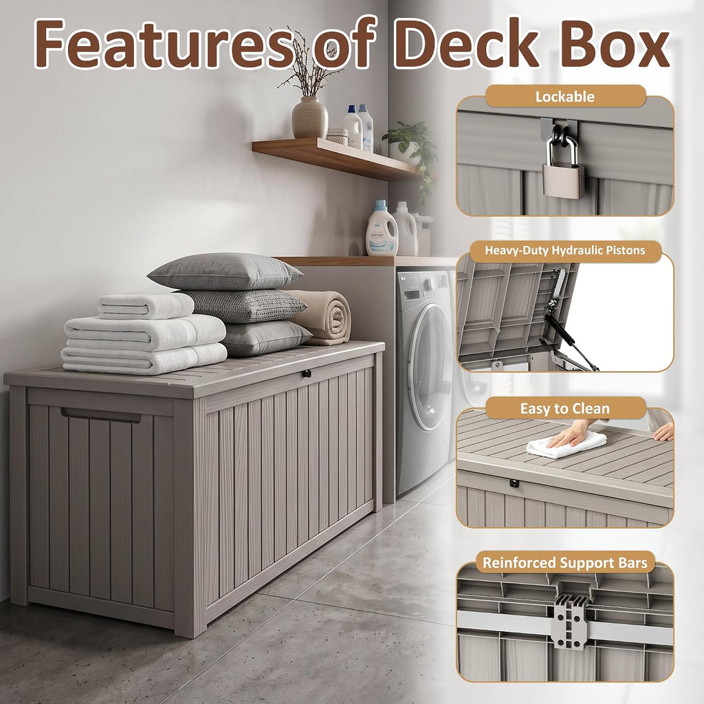 260 gallon large resin deck box, heavy duty showing dimensions