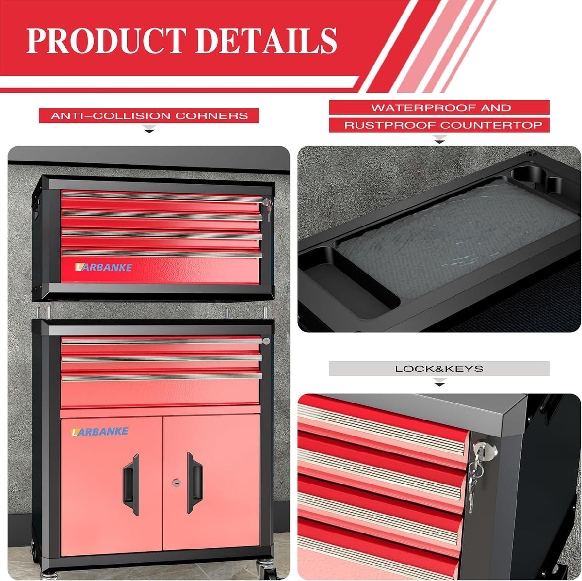 larbanke portable 4-drawer tool chest with handle,lockable tool, side view