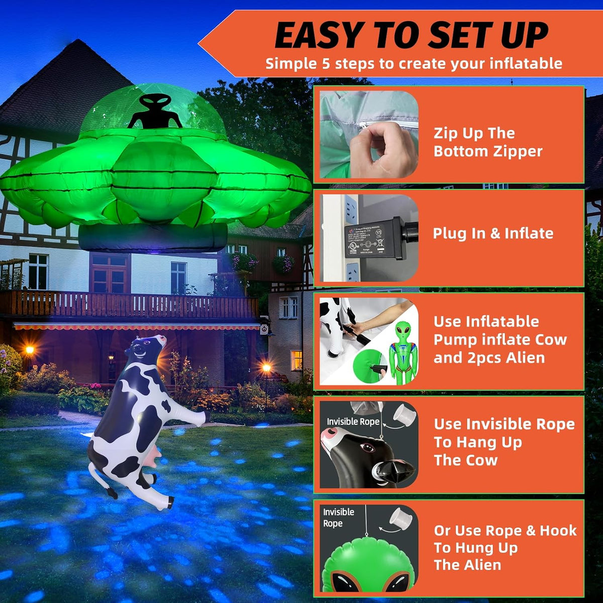 Alien Party Decorations 4.2FT Hanging Alien UFO Cow Abduction Inflatable with Cow&2pcs Jumbo Alien Halloween Inflatable UFO Built-in Green LED Blue&White Flashing Light Blow Up Yard Home Garden Decor