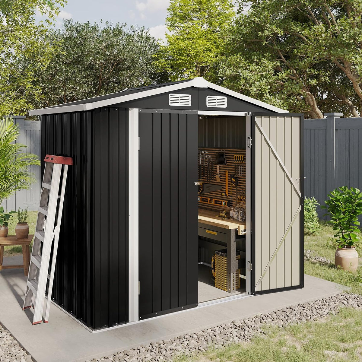 aoxun 6x4 ft shed outdoor storage shed, black, package contents