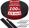 Oleitodh 100 ft 3/8 in 2:1 Heat Shrink Braided Sleeving, Black | Abrasion-resistant polyolefin and polyester sleeve for automotive wiring harness protection and cable management.