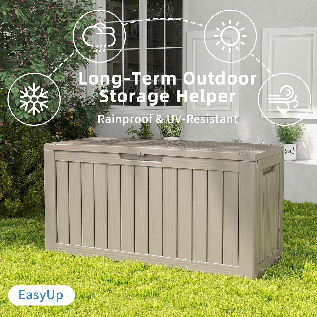 easyup outdoor storage box 100 gallon waterproof resin showing dimensions