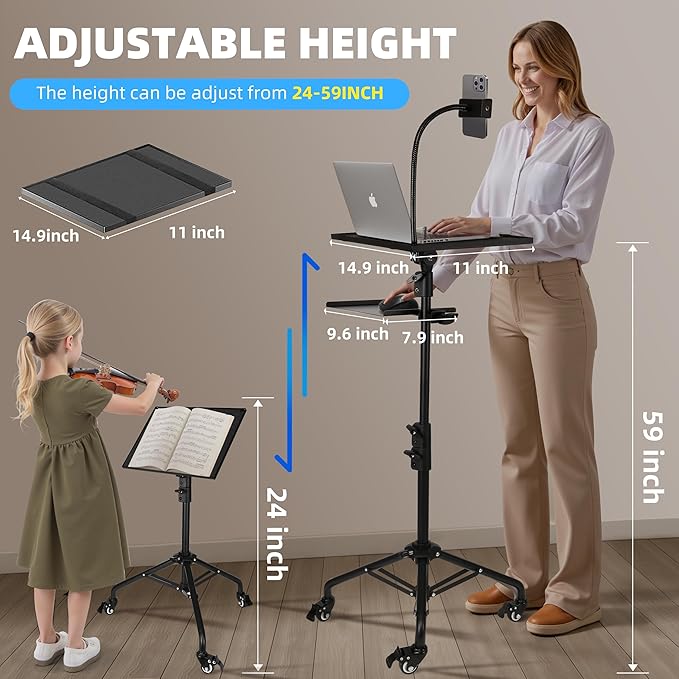STEADUS Projector Stand Tripod – 24 to 59 Inch Adjustable Height – Dual Shelves