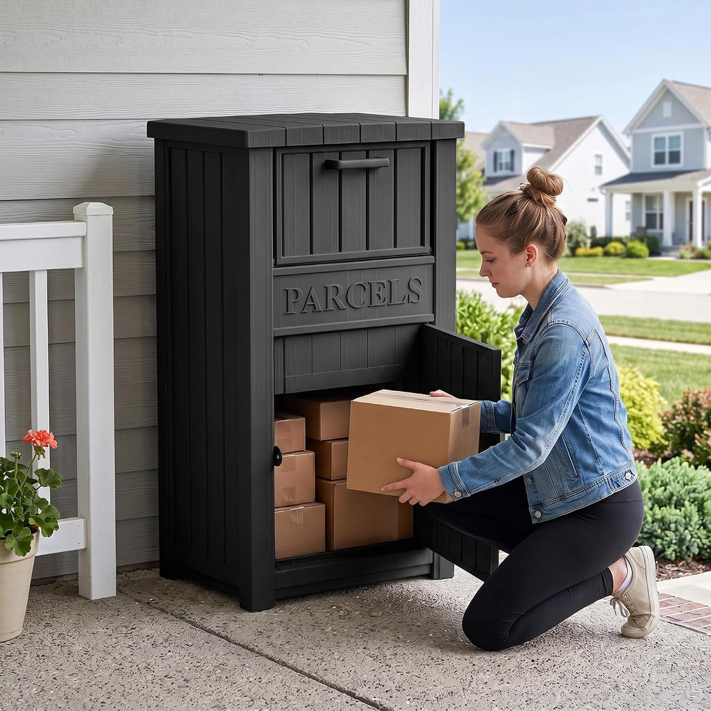 package delivery boxes for outside, outdoor storage box, front angle view