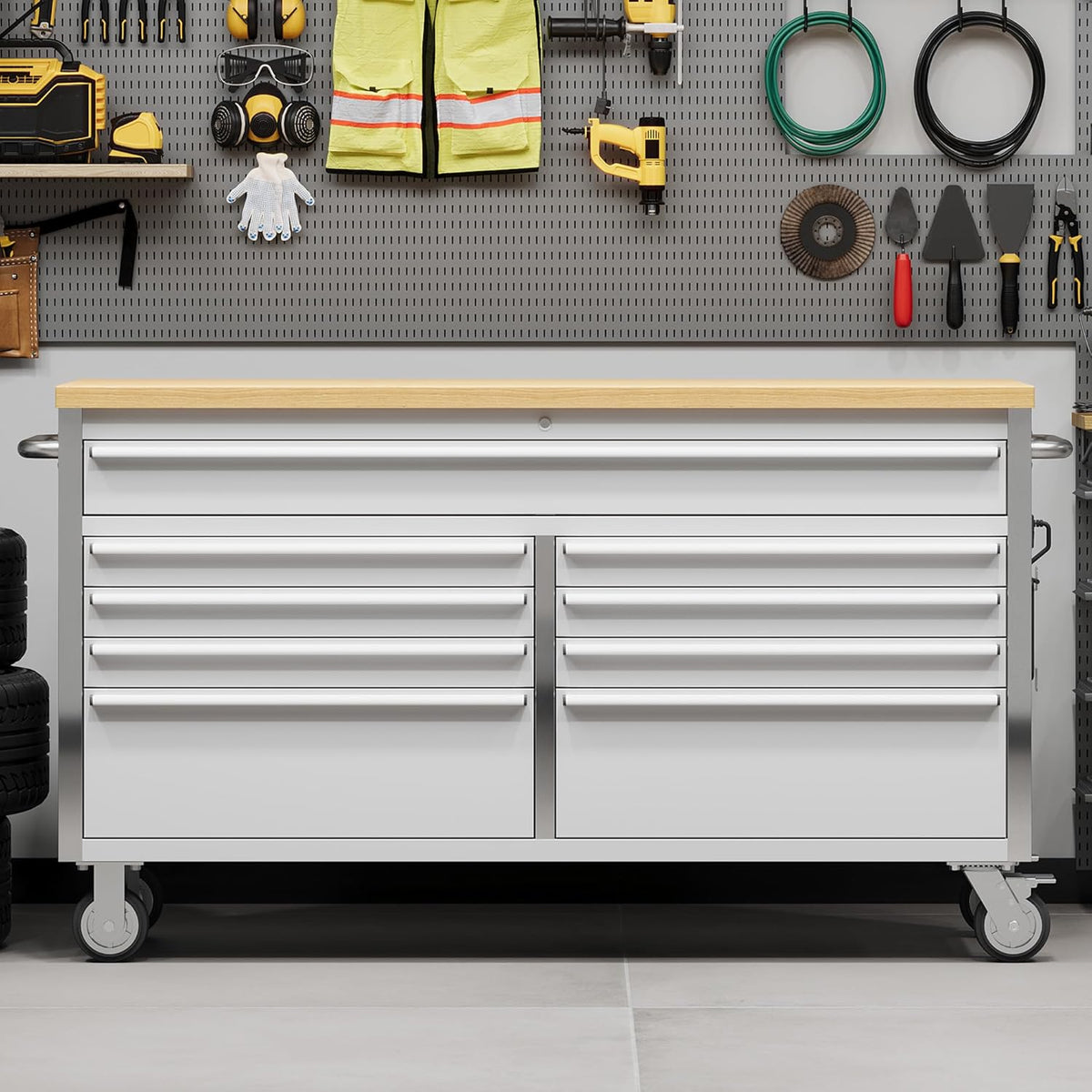GAOMON 61 Inch Tool Chest, Tool Cabinet with 9 Drawers, Mobile Storage Cabinet with Locking System, Stainless Steel Material and Sturdy Structure, High Capacity for Home Workshop Kitchen and Garage.
