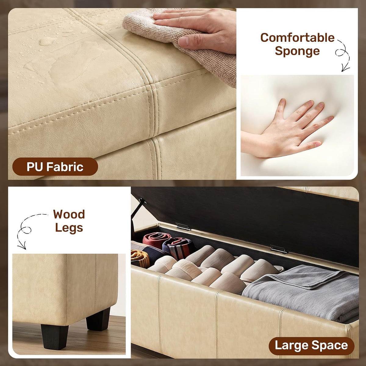 51 inch storage ottoman bench,pu leather oversized bench, close-up detail