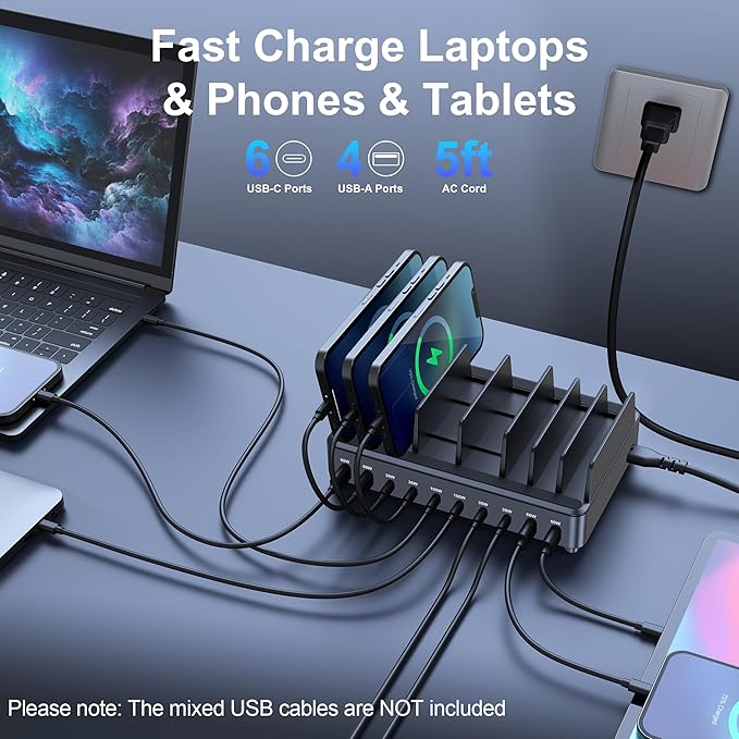 chipofy 500W Charging Station for Multiple Devices, 10-Port Multi USB C Fast