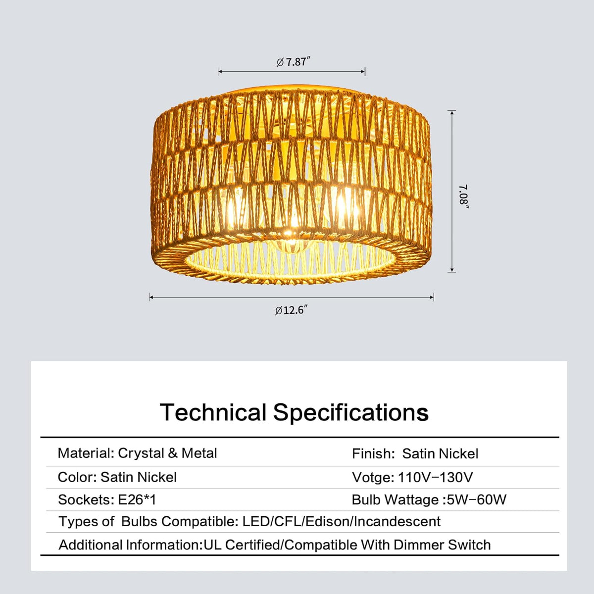 Rattan Ceiling Light Fixture, 3 Light Bohemian Modern Woven Ceiling Light, Boho Flush Mount Ceiling Light for Bedroom Living Room Dining Room, Bulb NOT Included