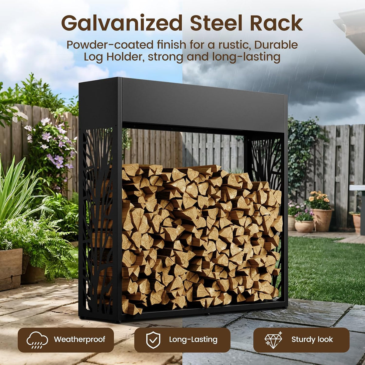 4ft firewood rack outdoor, fire wood log storage showing dimensions