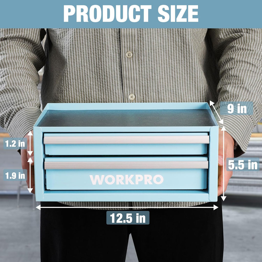workpro 12.5" mini metal tool box with 2, close-up detail