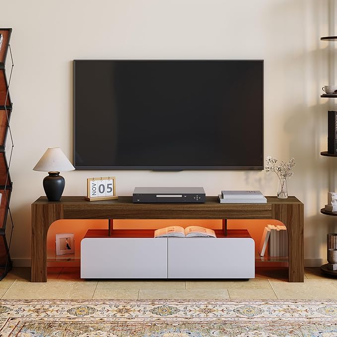 IDEALHOUSE LED TV Stand for 55 to 75 Inch TV, Walnut Entertainment Center