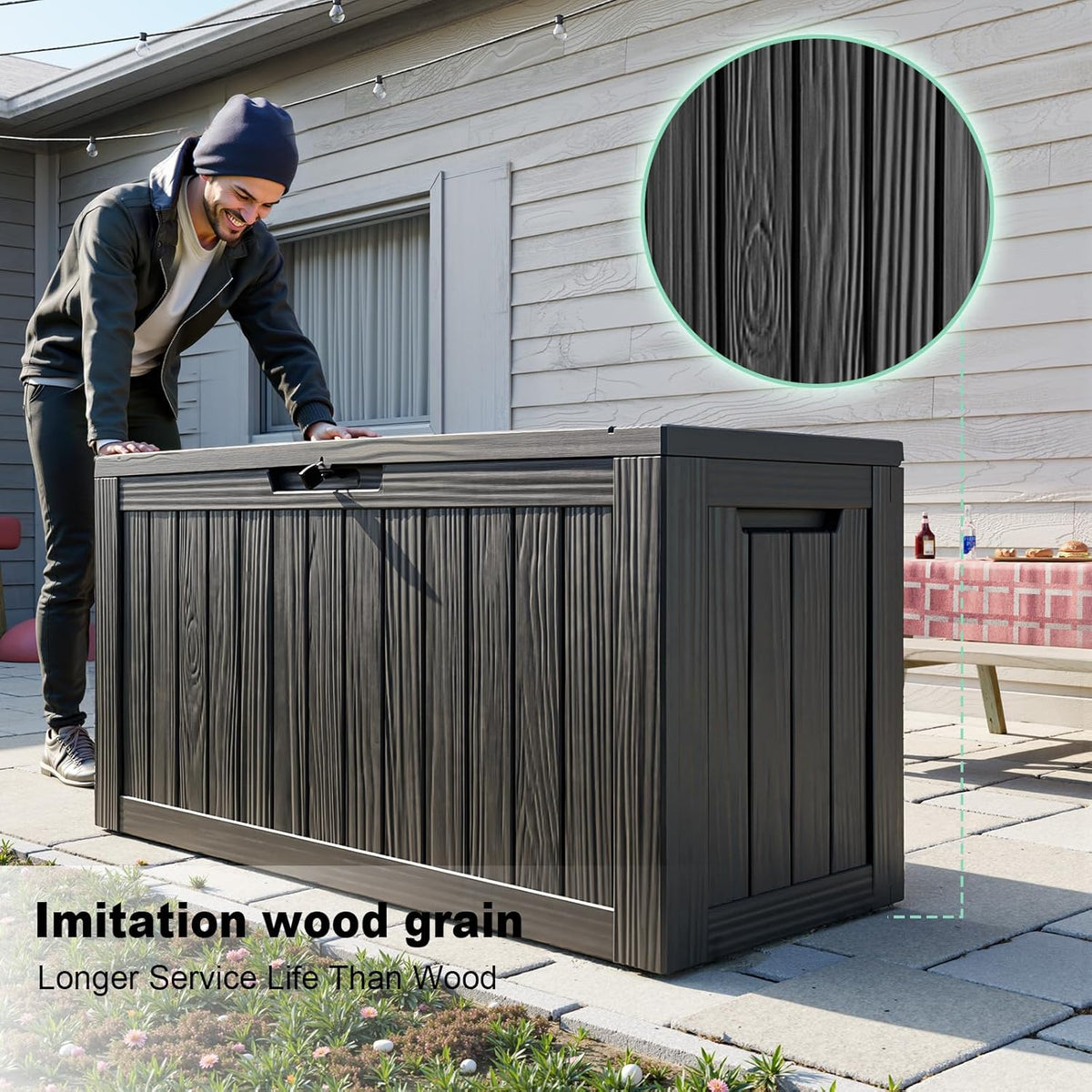 drato 85 gallon outdoor storage box waterproof, lockable, close-up detail