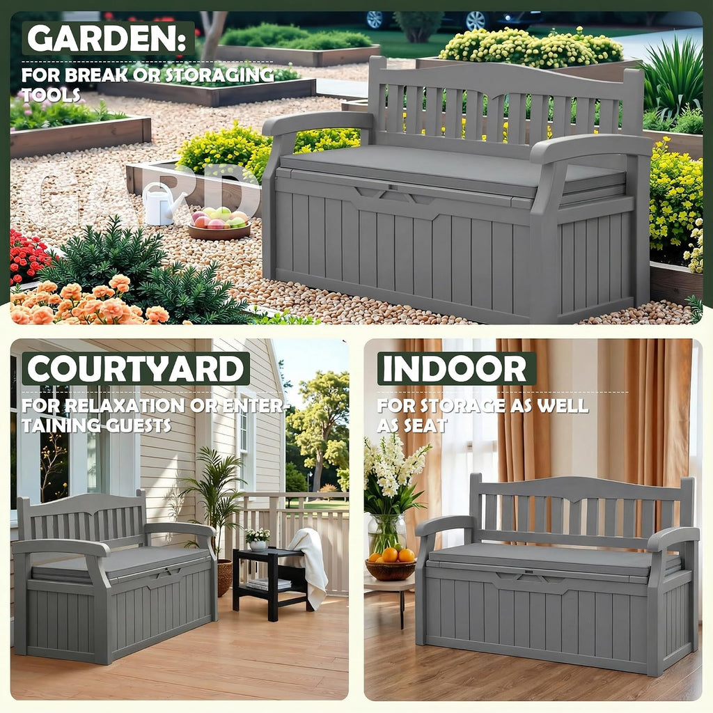 flamaker 80 gallon storage bench with cushion, waterproof showing dimensions