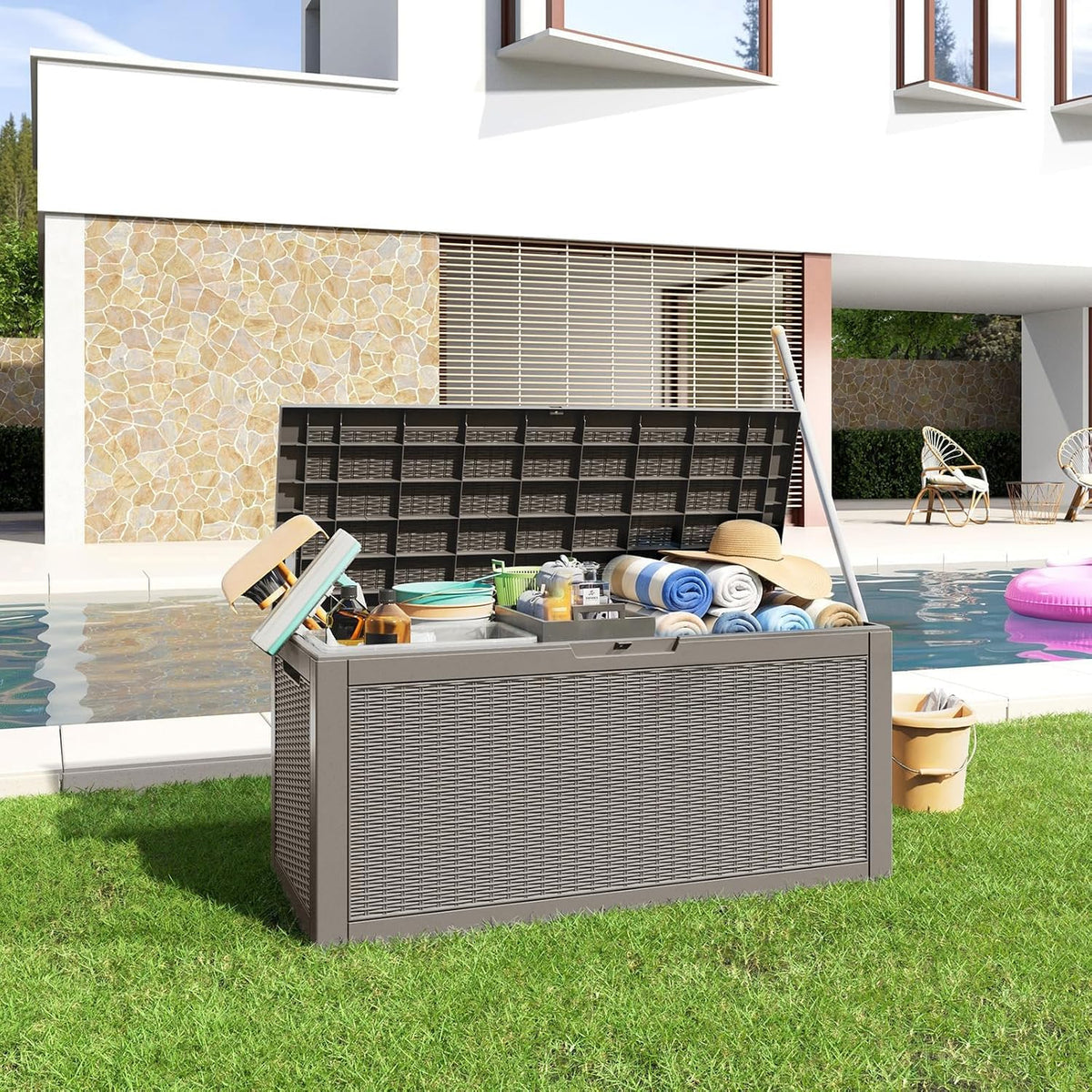 patiozen 120 gallon resin deck box, lockable patio, side view