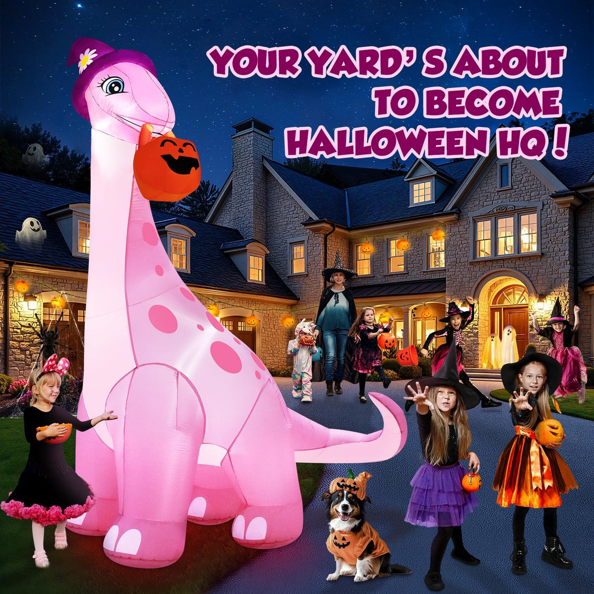 zukakii 13FT Giant Halloween Inflatables Decorations Outdoor Pink Dinosaur, Huge Halloween Blow Up Yard Decorations Dino with Large Pumpkin Witch Hat Build-in LED Light Strong Blower for Party Lawn