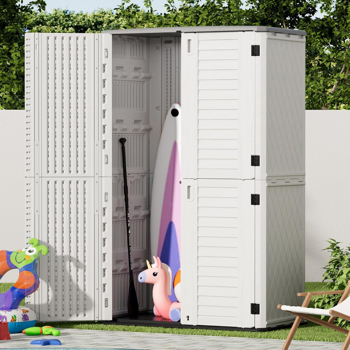 mrosaa outdoor storage cabinet waterproof,resin vertical storage shed shown in use