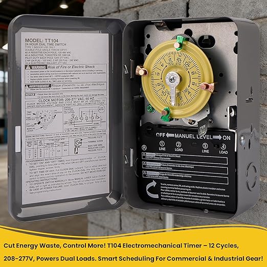 T104 Electromechanical Timer Switch, 208-277 VAC 5HP 40A DPST Pool Pump Timers