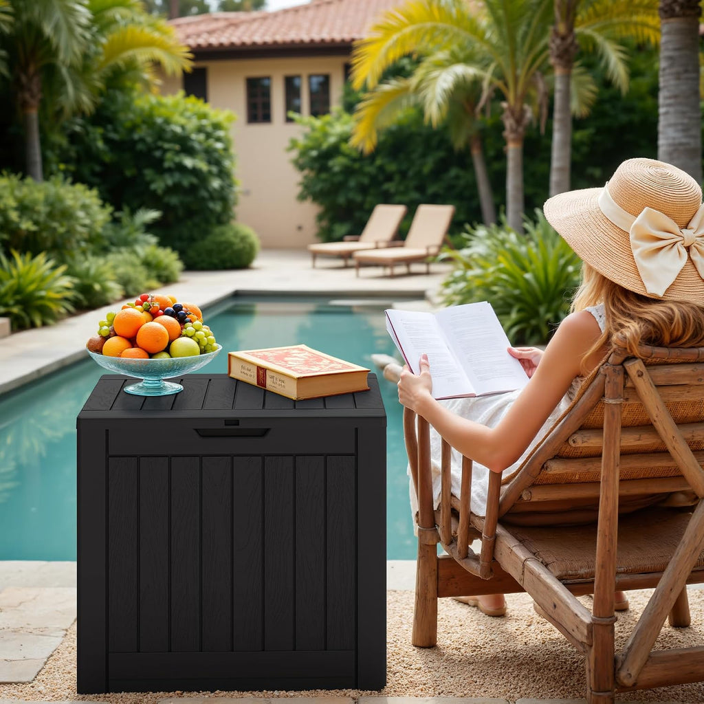 greesum 40 gallon outdoor deck box, resin storage, close-up detail