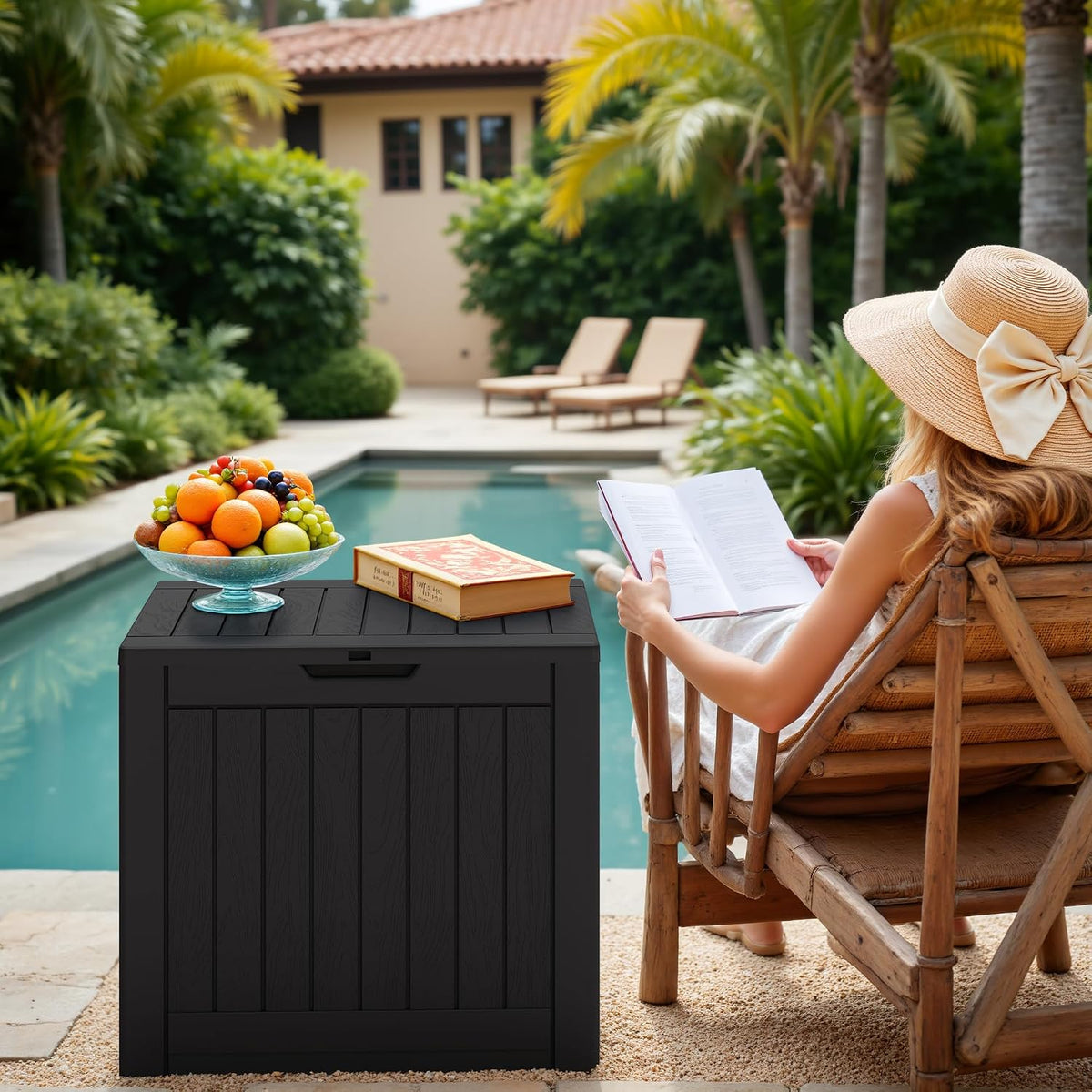 greesum 40 gallon outdoor deck box, resin storage, close-up detail