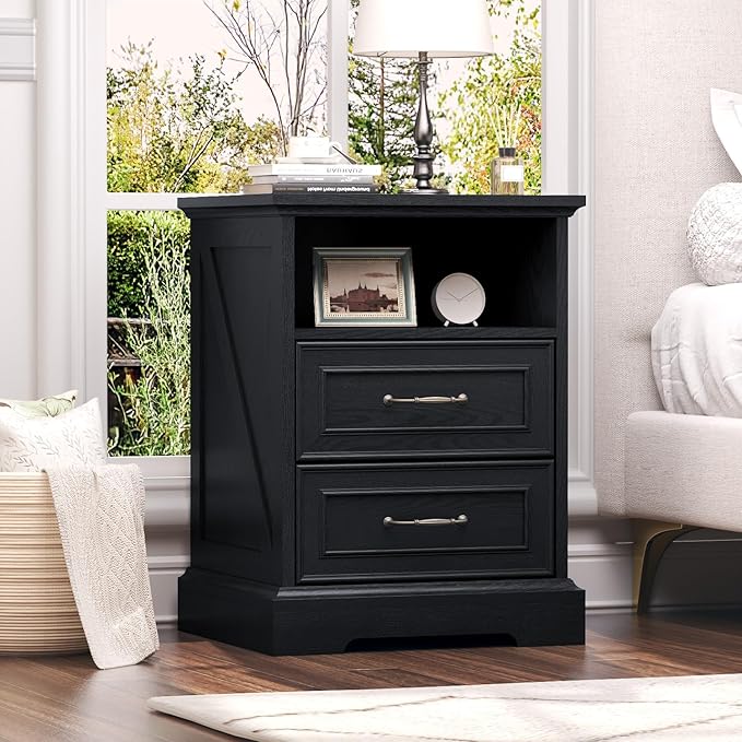 Nightstand with Charging Station Set of 2, Farmhouse Wood Small Dresser