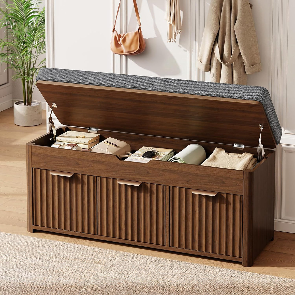 43.5" W Shoe Bench with Storage, Lift Top Entryway Bench, Walnut