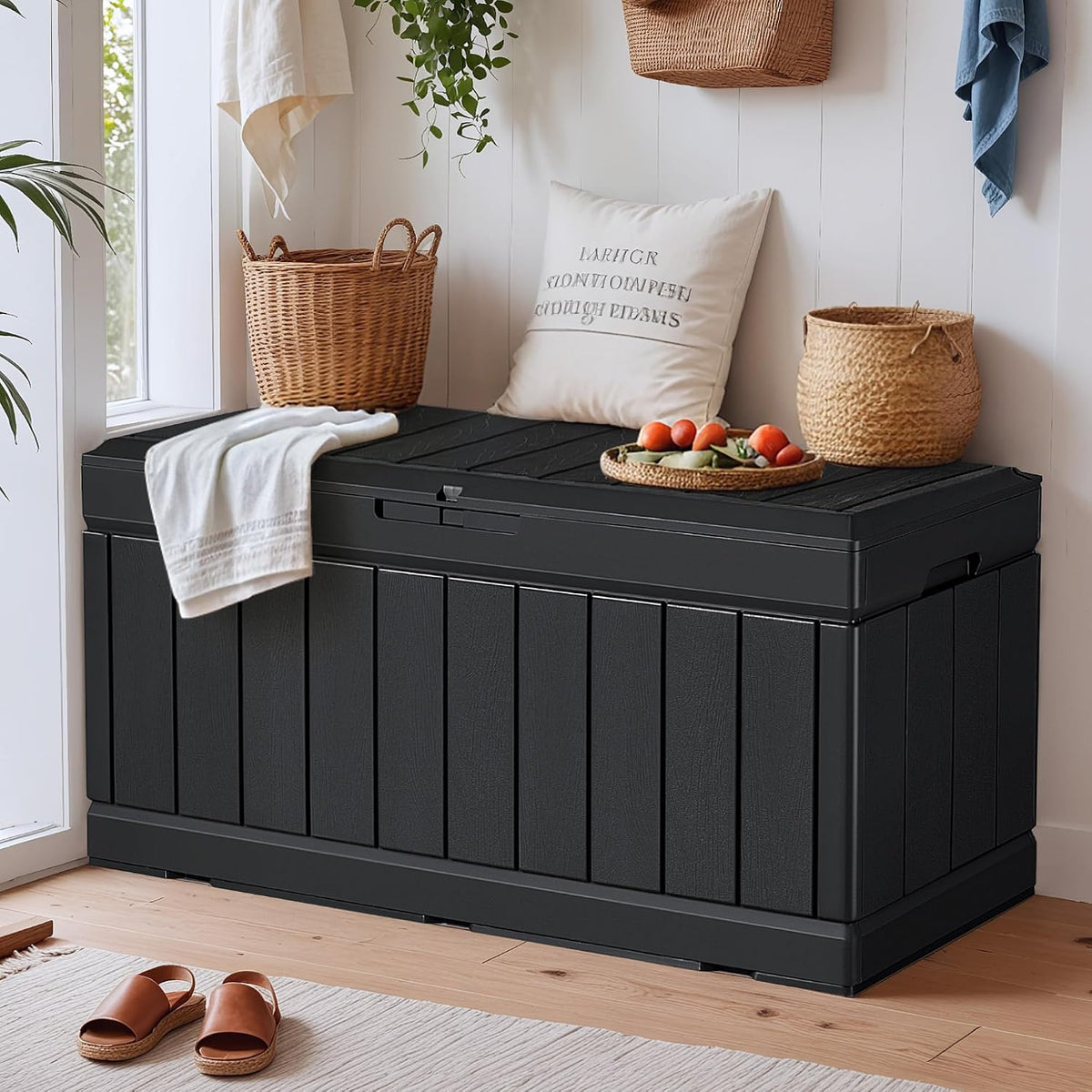 YESHOMY Storage Chest, Entryway Resin Shoe Bench with Hydraulic Bracket Flip Lid, Side Holder, Supports 450 lbs for Bedroom, Living Room, Lockable, Black
