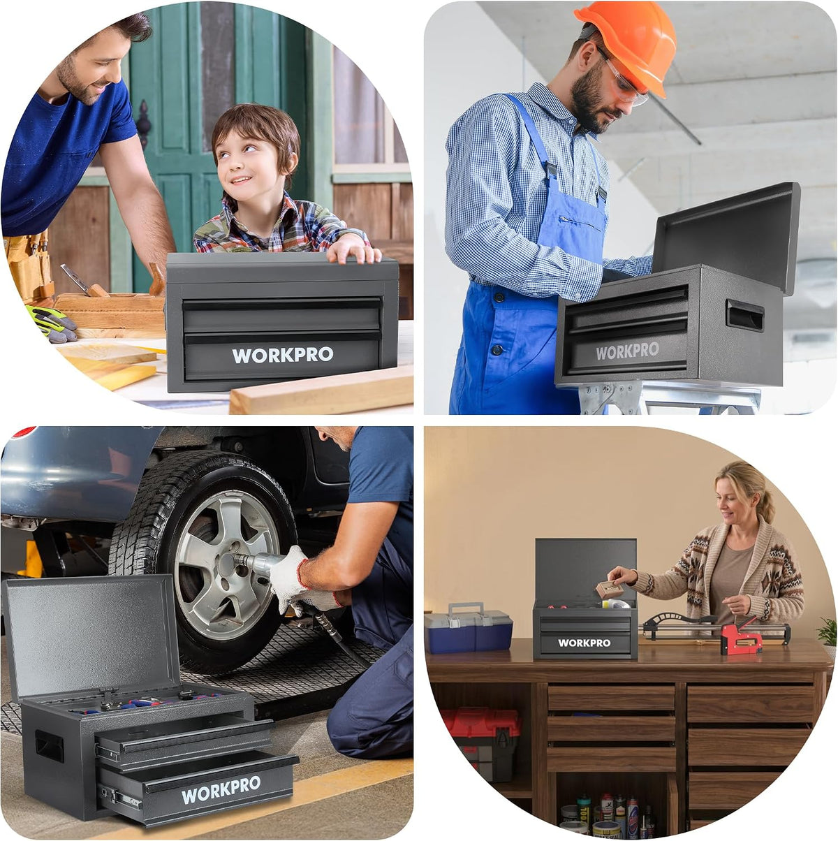 workpro 15-inch metal tool box with 2 drawers on a desk or shelf