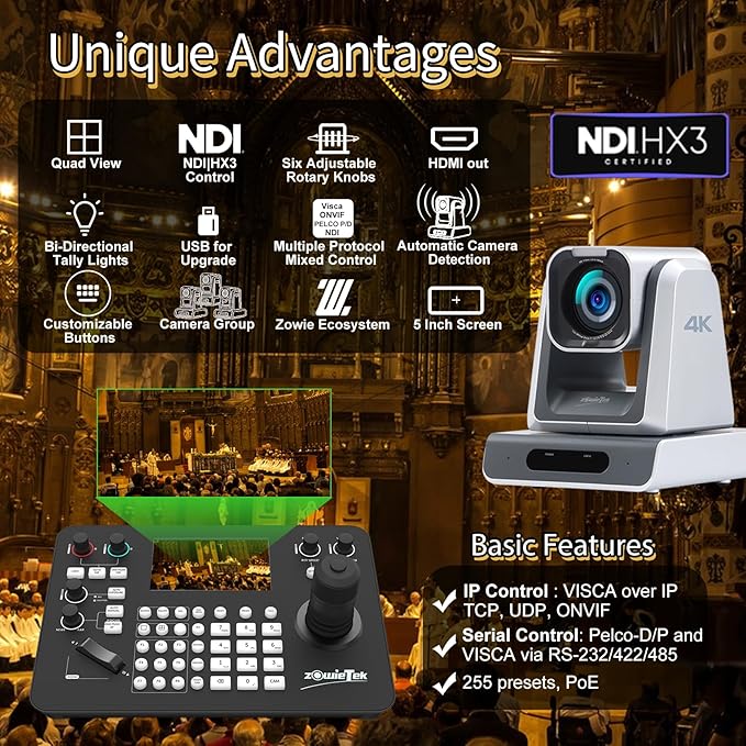 Zowietek PTZ Controller 7D Joystick Keyboard, HDMI Output, Automatic Camera