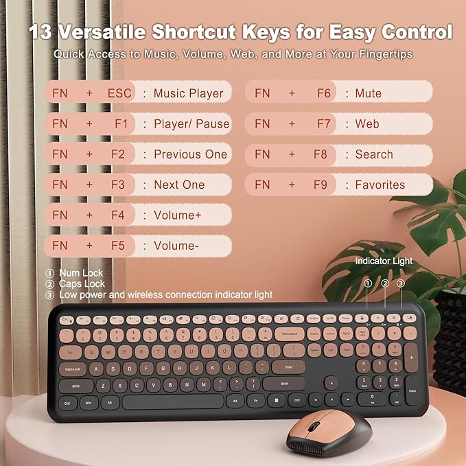 HotFox Wireless Keyboard and Mouse Combo, Full-Size Retro Typewriter Keyboard