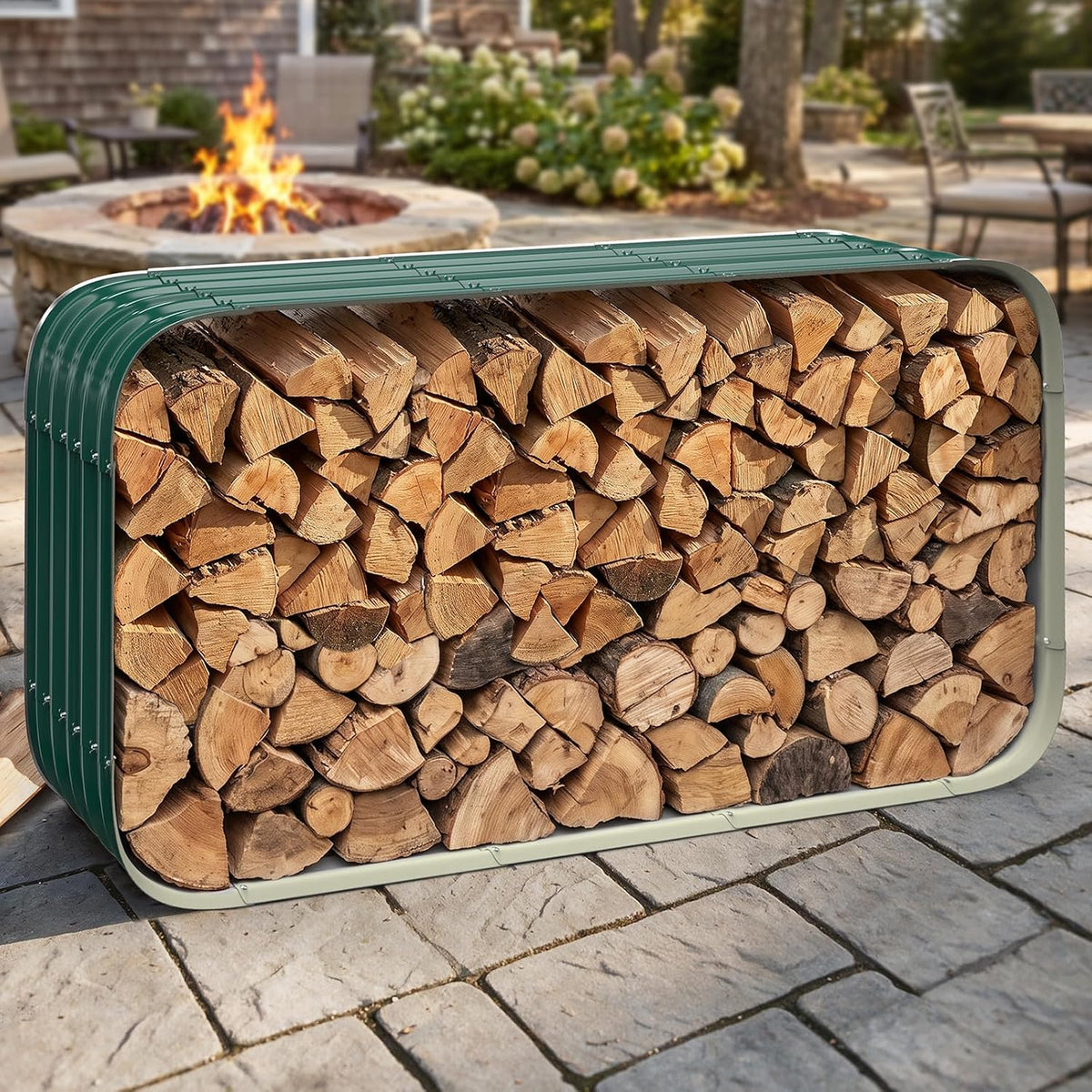 66" Cuboid Metal Sheet Firewood Rack Outdoor or Indoor Use, Green