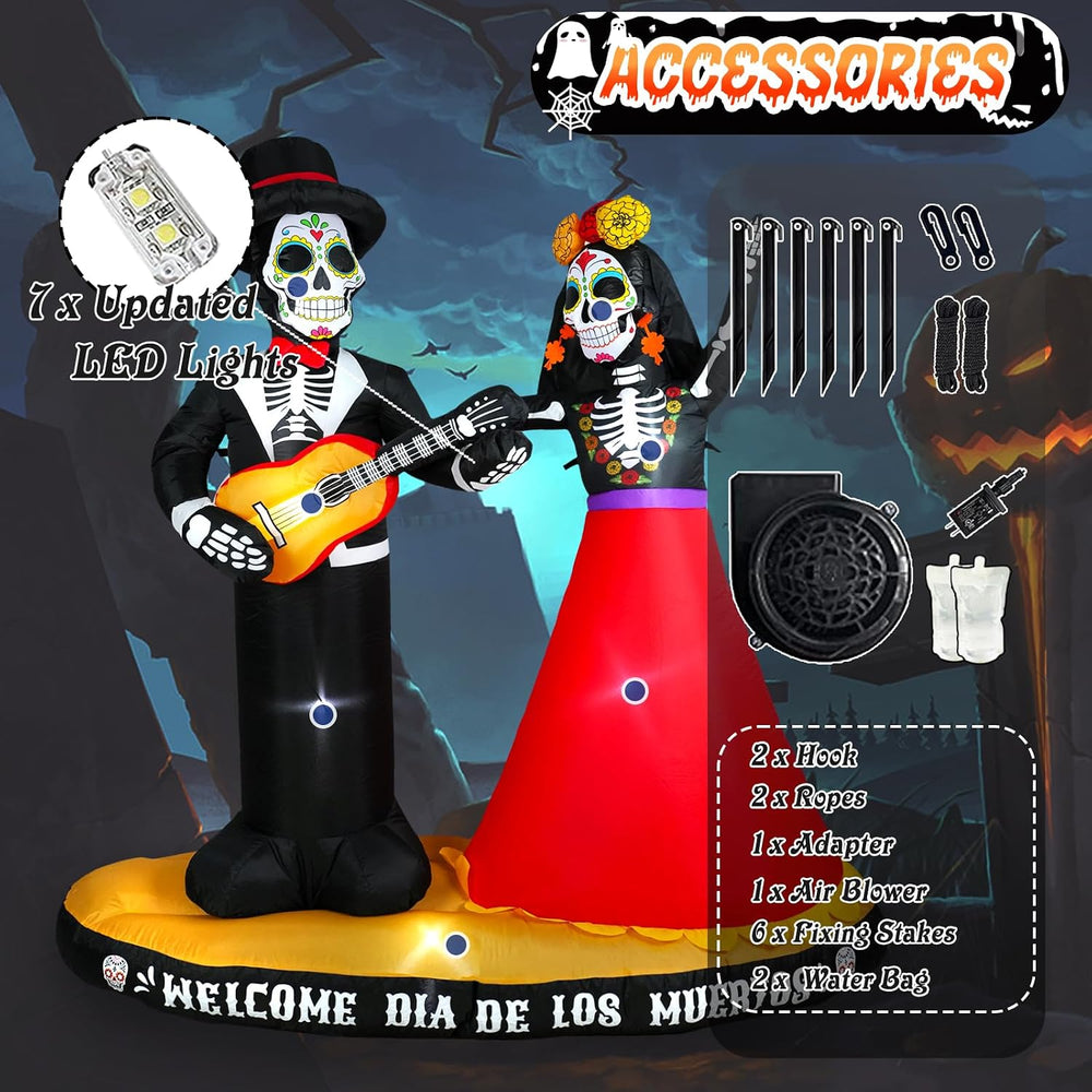 6 FT Halloween Inflatables Decor Day of The Dead Spooky Sugar Skull Couple Al...