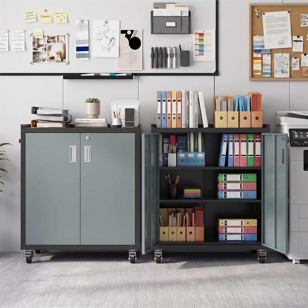 lcaopc metal storage cabinet with wheels - lockable, front angle view