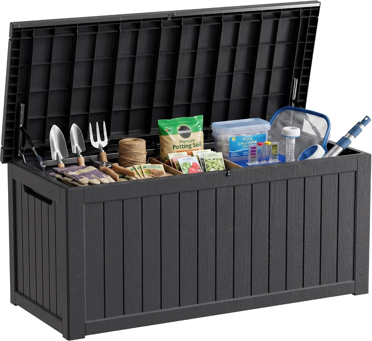300 Gallon Resin Deck Box Waterproof Outdoor Storage Box for Patio Furniture Pool Accessories Indoor Storage for Cushion Garden Tools, Black