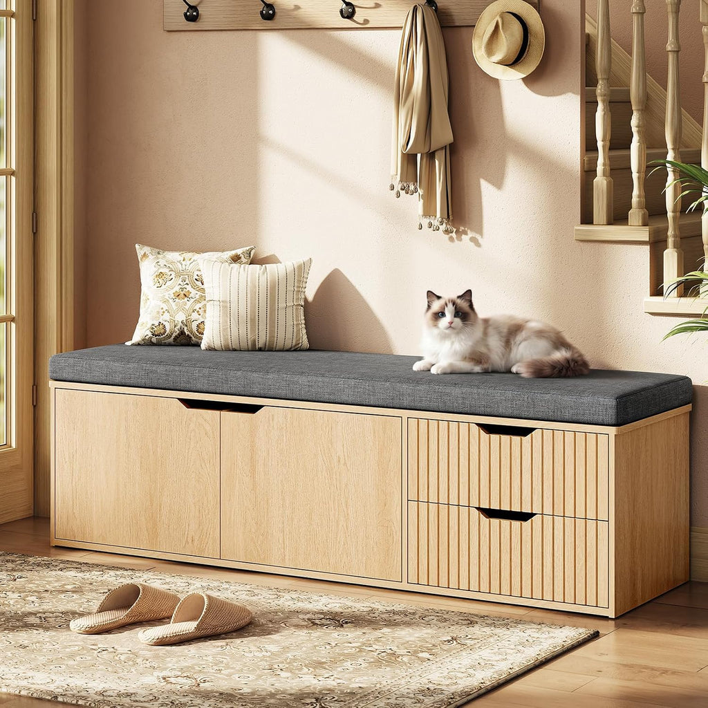 59" Storage Bench with Drawer, 2-Tier Shoe Bench with Storage, Long Entryway Bench, Thickened Cushion, Adjustable Shelf, Fluted Design for Entryway, Bedroom, Living Room, Natural