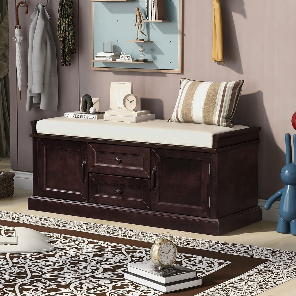 Knocbel 42.5" Storage Bench with Removable Cushion, 2 Drawers and 2 Cabinets, Entryway Hallway Foyer Shoe Bench Bedroom End of Bed Bench (Espresso)