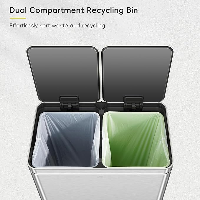 EKO Edison Dual Trash Can for Recycling and Trash, 8+8 Gallons Kitchen Garbage