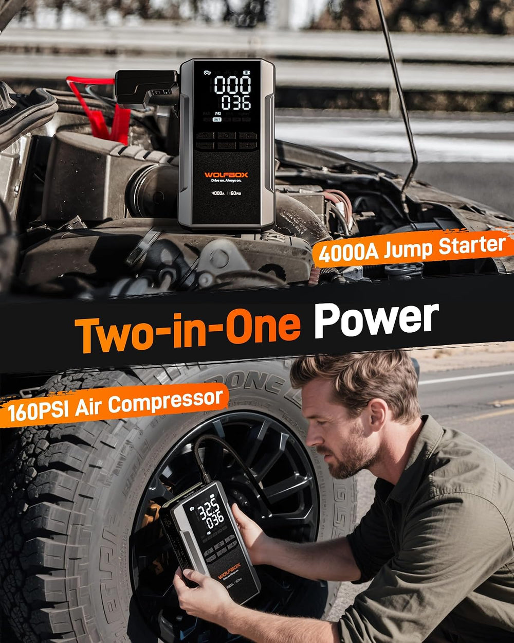 WOLFBOX 4000A Jump Starter with Air Compressor, Portable 12V Jump Box