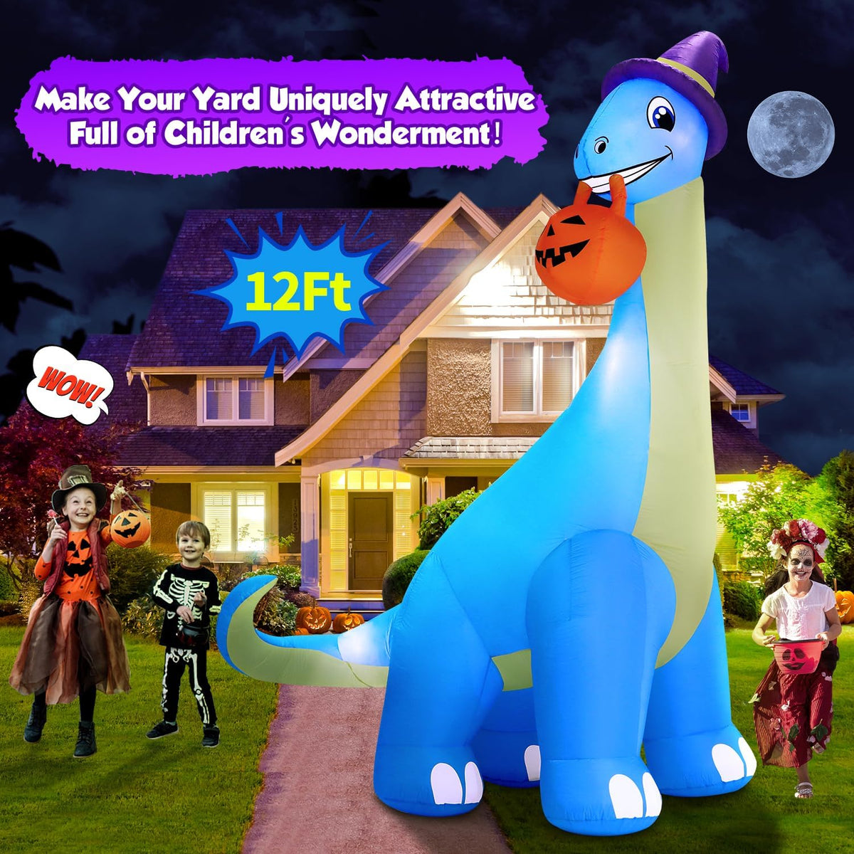 zukakii 13Ft Giant Halloween Inflatable Decorations Dinosaur, Build-in LEDs & Strong Blower Bite Huge Pumpkin with Witch Hat Large Blow Up Halloween Yard Outdoor Indoor Holiday Party