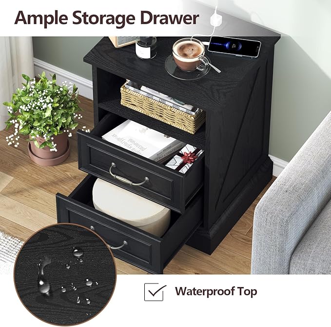 Nightstand with Charging Station Set of 2, Farmhouse Wood Small Dresser