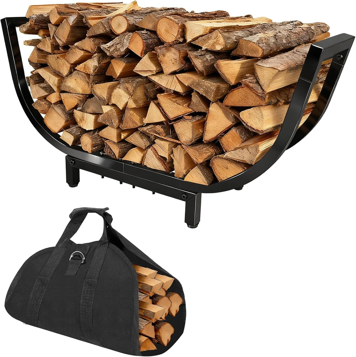 SOLY 26 Inch Curved Firewood Rack Indoor & Outdoor, Heavy Duty Metal Log Holder with Carry Bag, Waterproof Rustproof Wood Storage for Fireplace, Patio, Deck