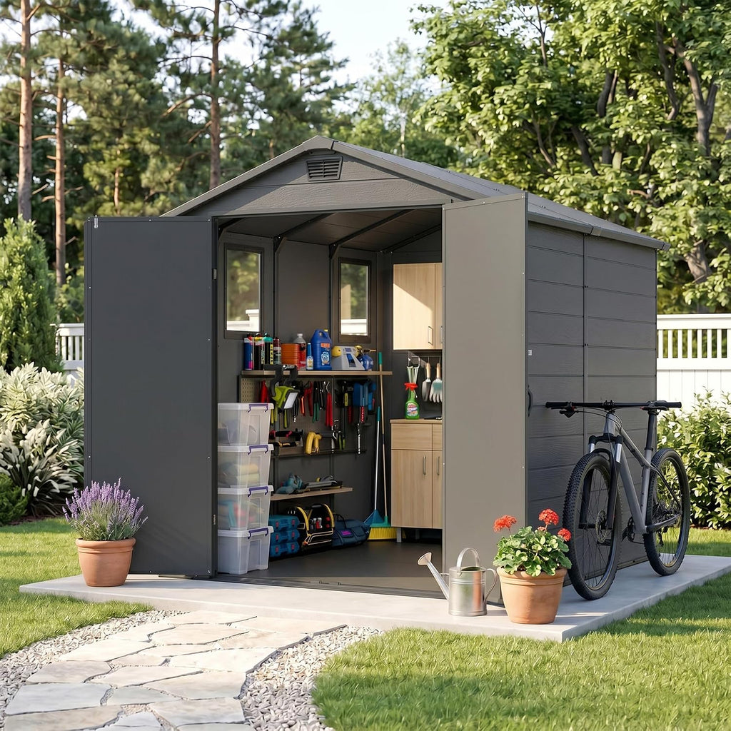 devoko 6x8 ft resin outdoor storage shed with showing dimensions