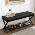 LUE BONA 44.5” End of Bed Bench with Shelf, Linen Tufted Upholstered Storage Shoe Bench, Modern Bedroom Bench with Metal Legs for Living Room, Entryway, Dining Room, 300 LB, Black