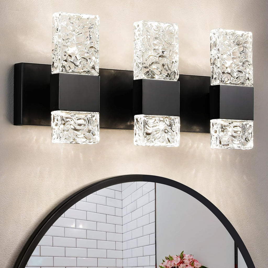 Epinl 3-Light Modern Bathroom Light Fixtures, 30W Black LED Vanity Lights Over Mirror with Water Ripple Glass Shade, Crystal Wall Sconces 4000K Dimmable Vanity Lighting for Bathroom