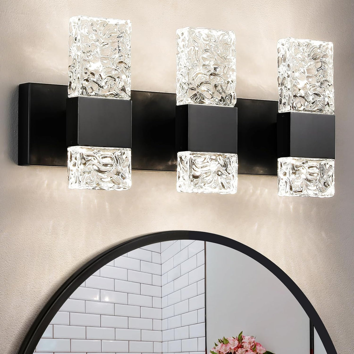Epinl 3-Light Modern Bathroom Light Fixtures, 30W Black LED Vanity Lights Over Mirror with Water Ripple Glass Shade, Crystal Wall Sconces 4000K Dimmable Vanity Lighting for Bathroom