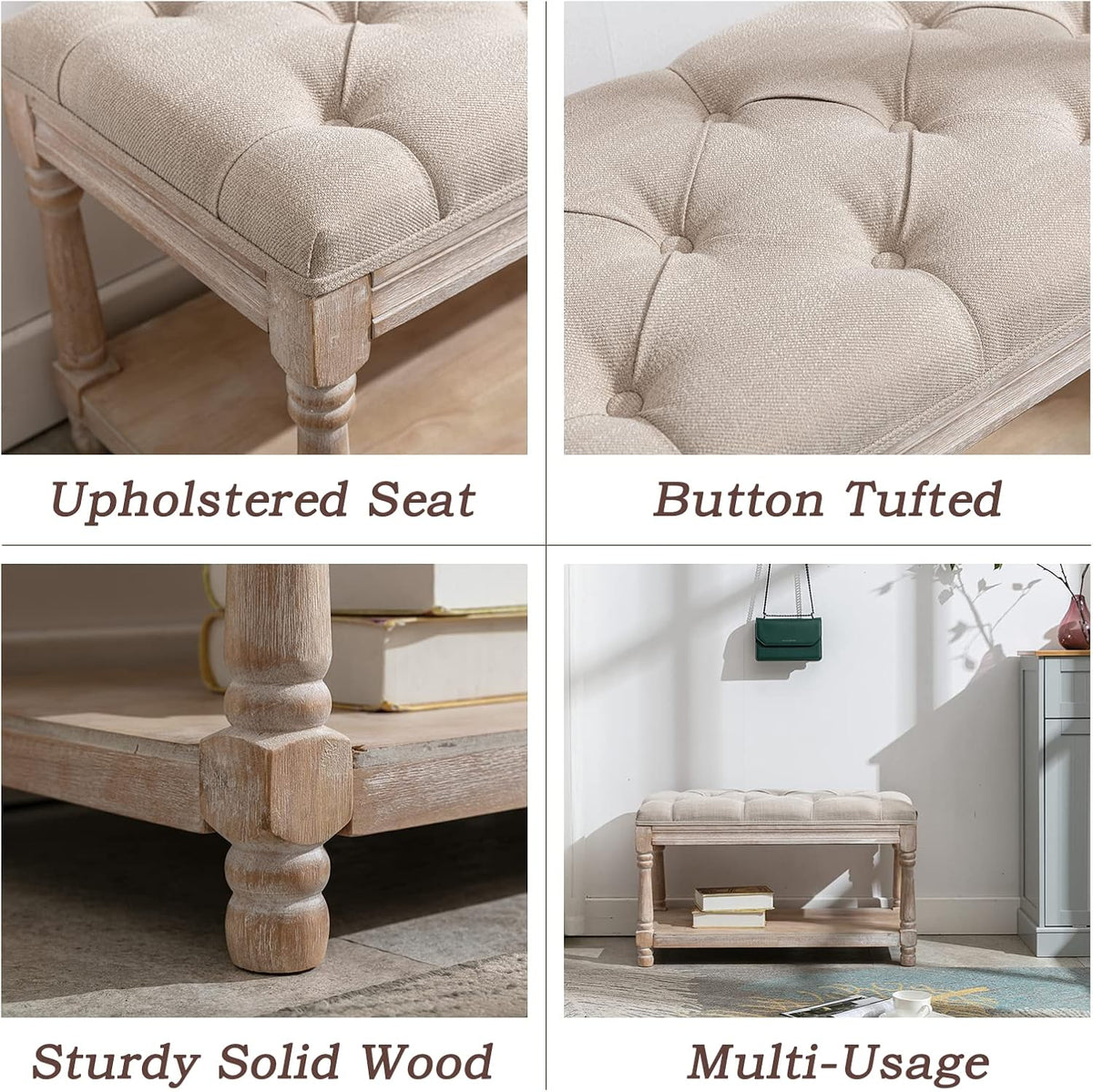 farmhouse storage bench wooden entryway linen upholstered ottoman, close-up detail